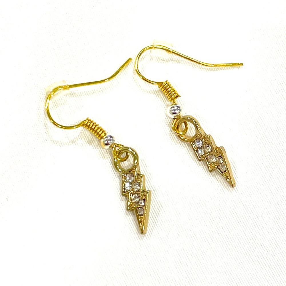 Rhinestone Lightning Bolt Earrings Gold Plated Drop Dangle Pierced